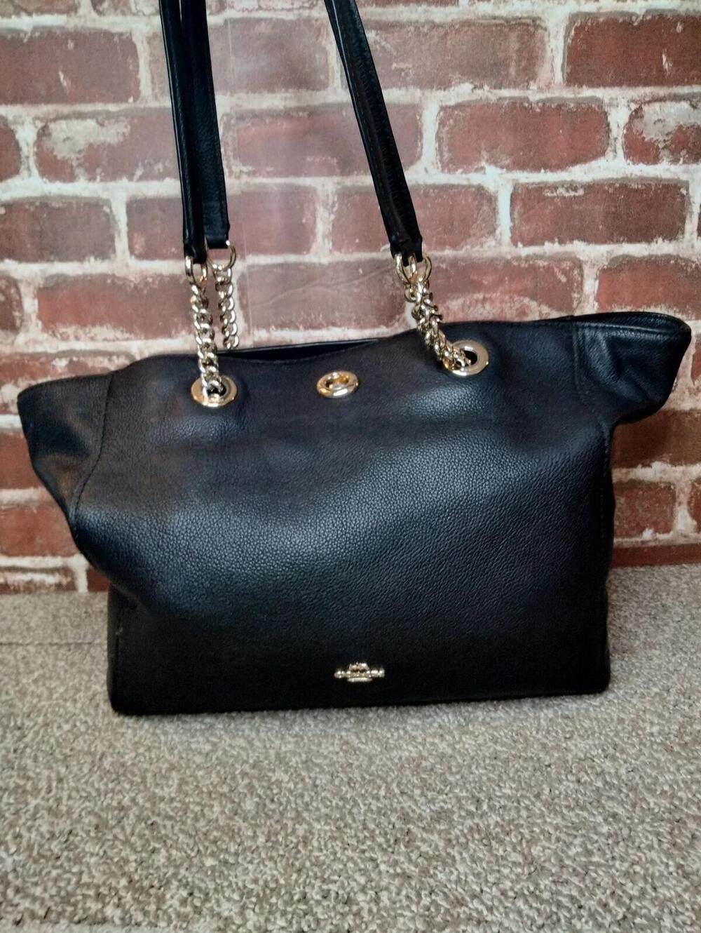 Coach Black Tote Shoulder Bag Polished Pebble Leather Turnlock Chain Purse